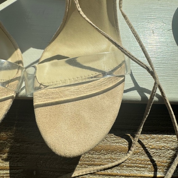 Lulu’s Nude Block Clear Strap Lace Up Strappy Heel Sandals (Style Morini 8.5) - Picture 4 of 9